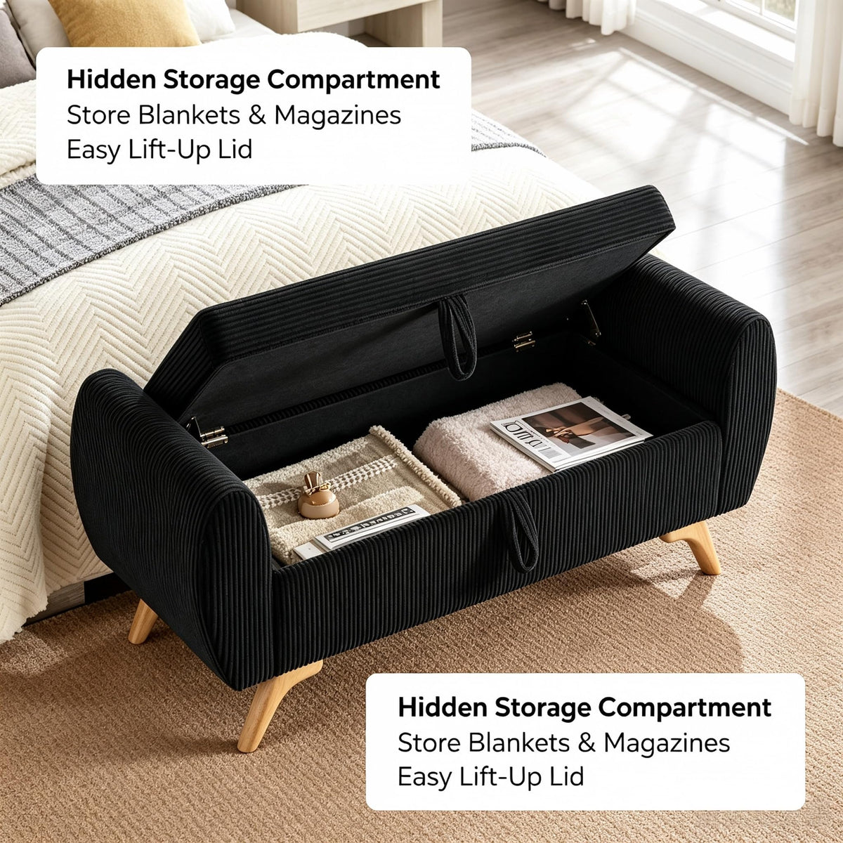 Black Corduroy Storage Bedroom Bench